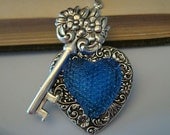 Skeleton Valentine Key To My Heart Necklace Supply Pendant, Vintage Textured Glass Cabochon, Custom Hand Made