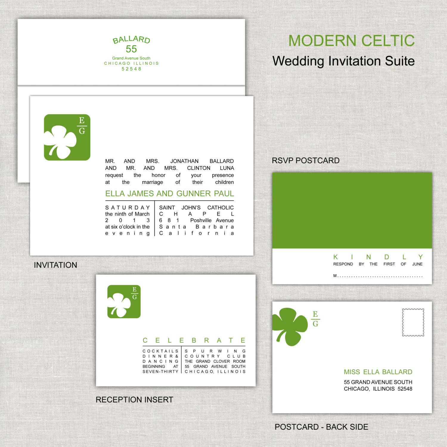 Clover Wedding Invitations, Celtic Wedding Invitation, Irish Wedding Invites, Green, Modern Monogram, Minimalist, Simple, Typeset Il_170x135