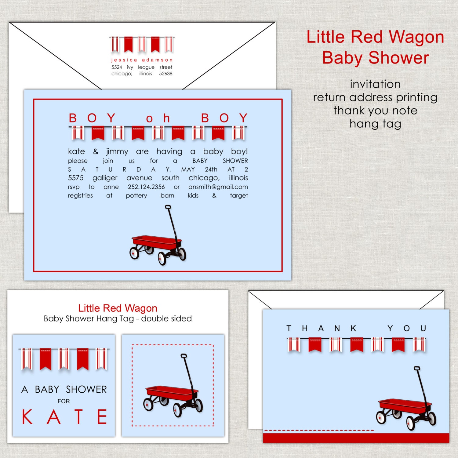 Little Red Wagon Baby Shower Invitation in Red, White & Blue Il_170x135