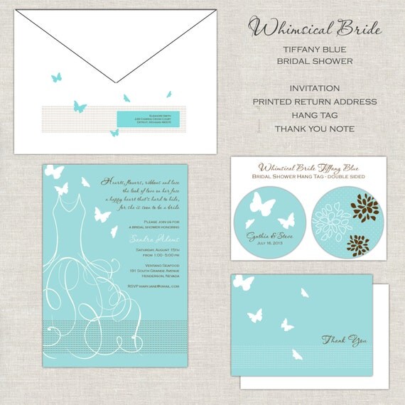Whimsical Bridal Shower Invitation - Tiffany Gown Flourish Elegant Dress Butterflies Il_570xn