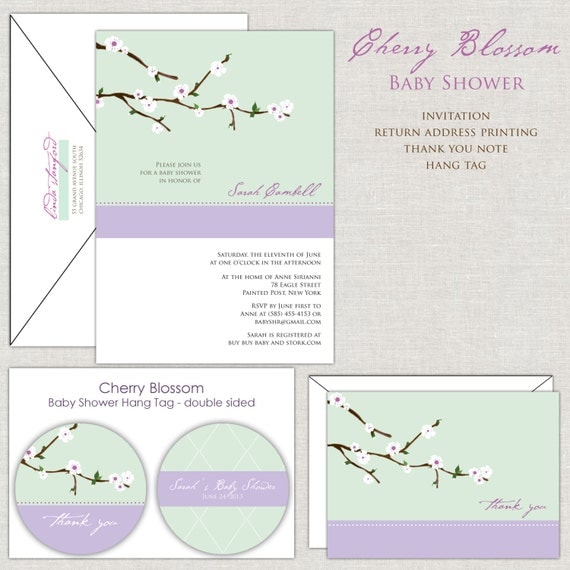 Cherry Blossom Baby Shower Invitation in Mint Green and Lavender Il_570xn