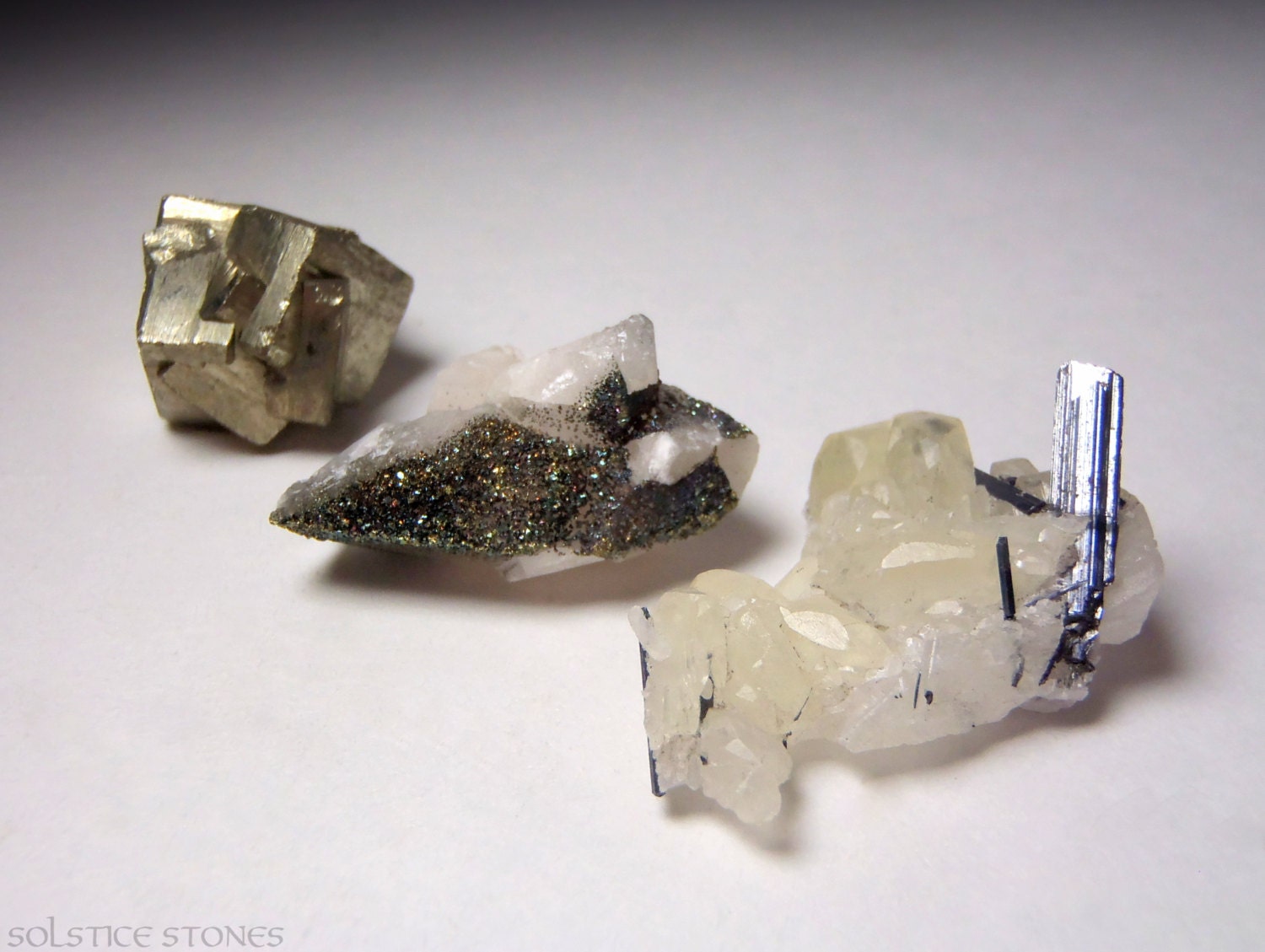 Set of 3 Rare Metallic Crystals. Stibnite in Calcite, Chalcopyrite Druzy, and Pyrite.  Crown Chakra. Crystal Healing / Mineral Specimens.