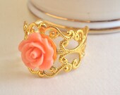 Peach Rose Flower gold filigree ring