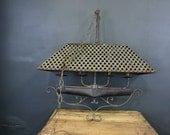 Antique Wrought Iron and Wood Chandelier Lighting / Folk Art