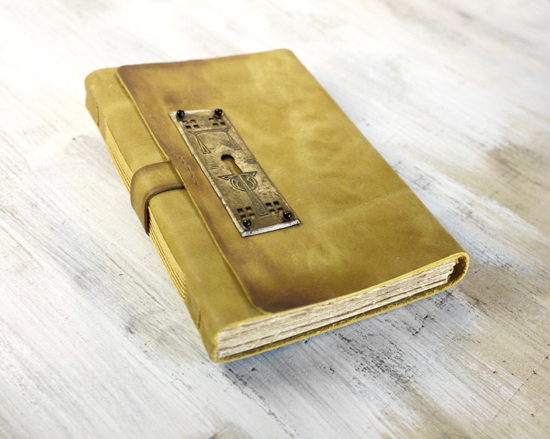 Leather Art Journal, Vintage Style with Aged Old Pages and Vintage Key Hole - Mustard Leather Notebook, Diary - The Gate