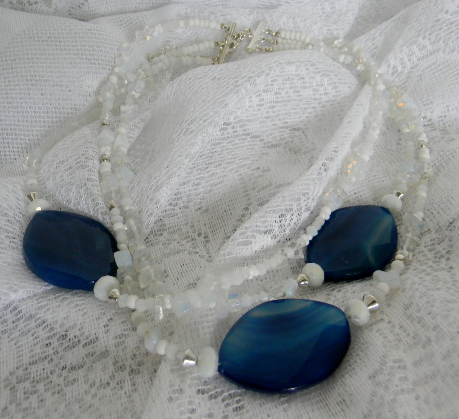 Etsy Jewelry Sale: 20% Off- White Quartz Chip Multistrand Necklace-Royal Blue Agate Gemstone Necklace-Beaded Necklace-Handmade Jewelry