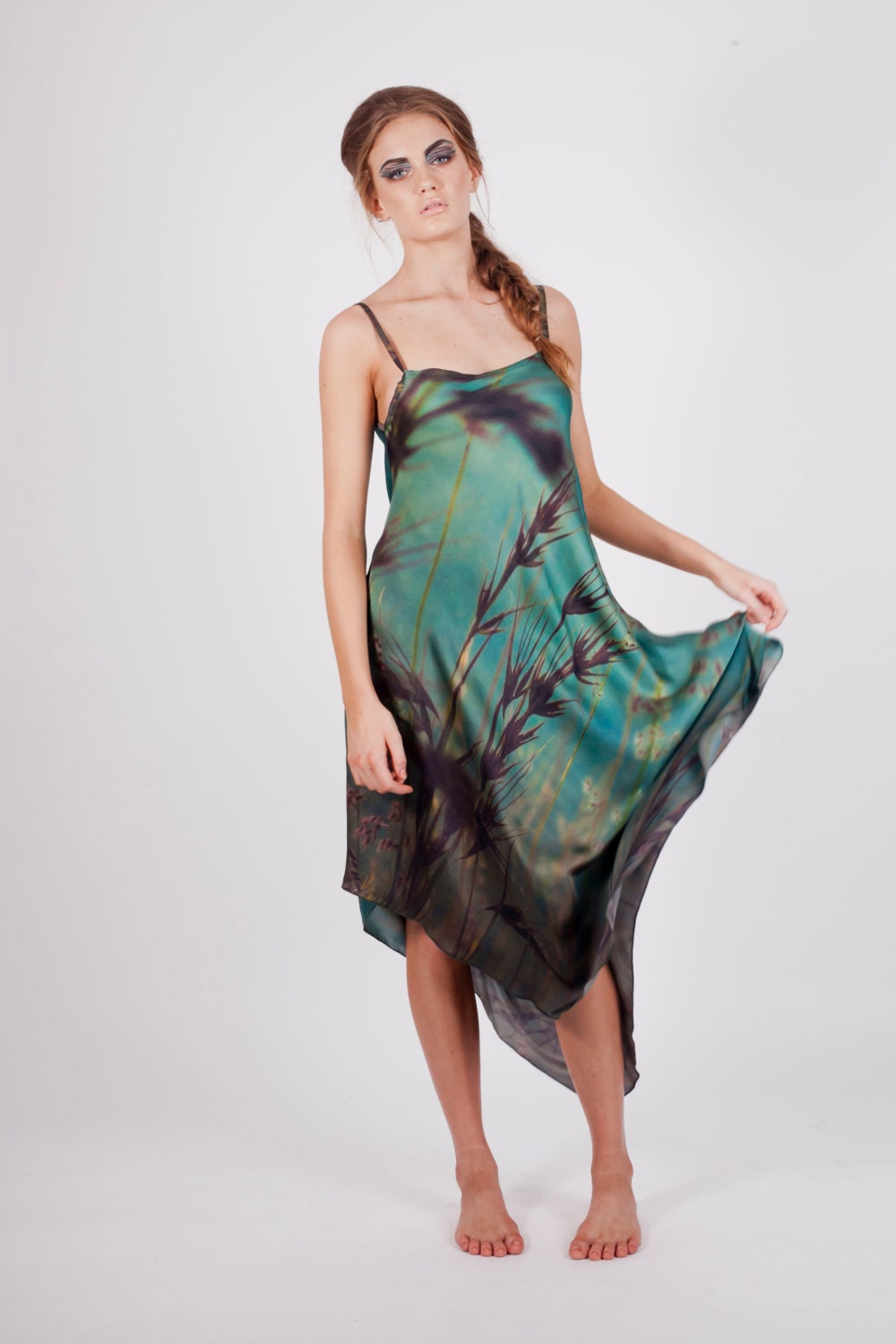 Long Silk Georgette Dress Printed with Ocean and Grasses at Sunset - HarrietJane