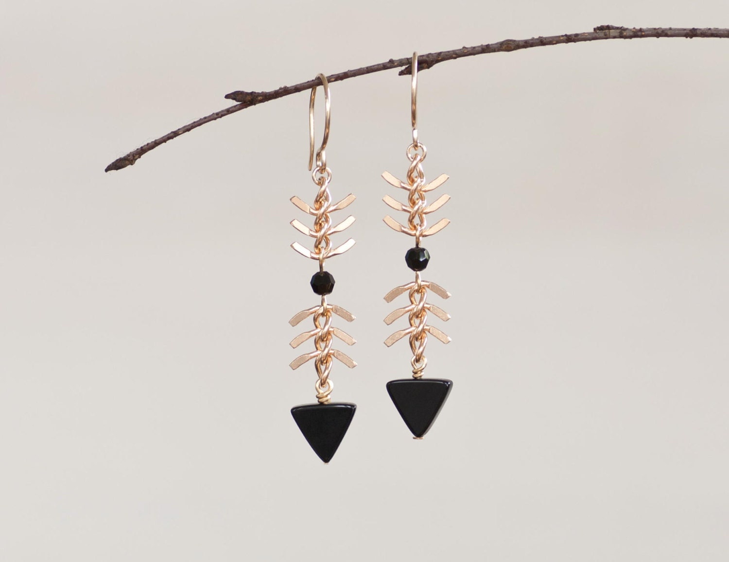 Storm - Onyx and Brass Fish Bone Drop Earrings - Chevron, Tribal Fish Spine by Prairieoats