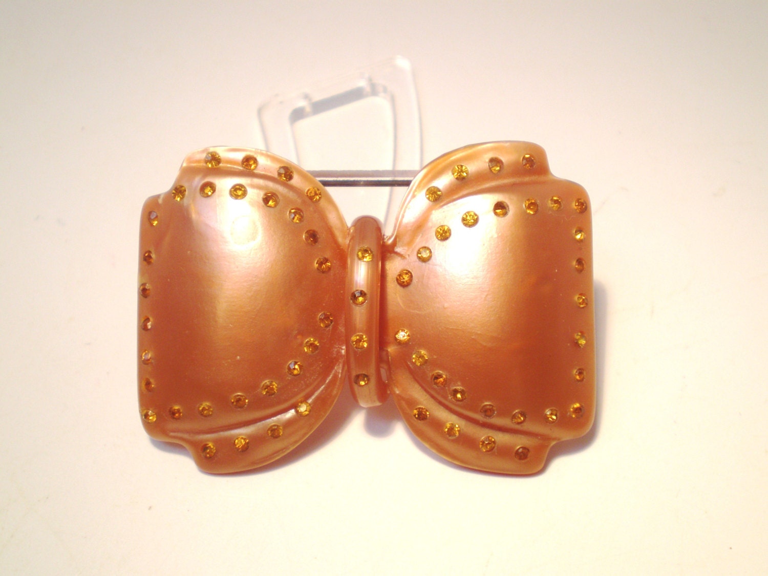 Antique Vintage Brooch Celluloid/Bakelite Bow Amber Rhinestones 1930s Art Deco Retro Pearlized Peachy Copper Tone Brides Belt Fascinator