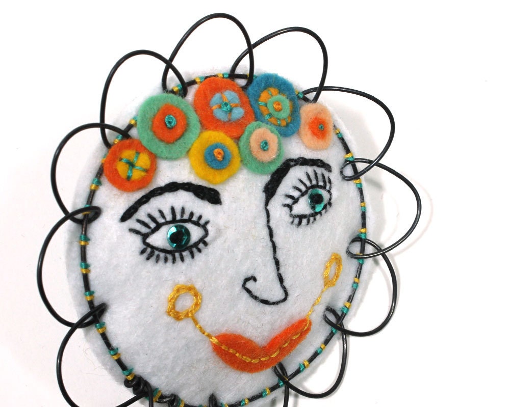Embroidered Felt Wall Flower, funny folk art, cute face