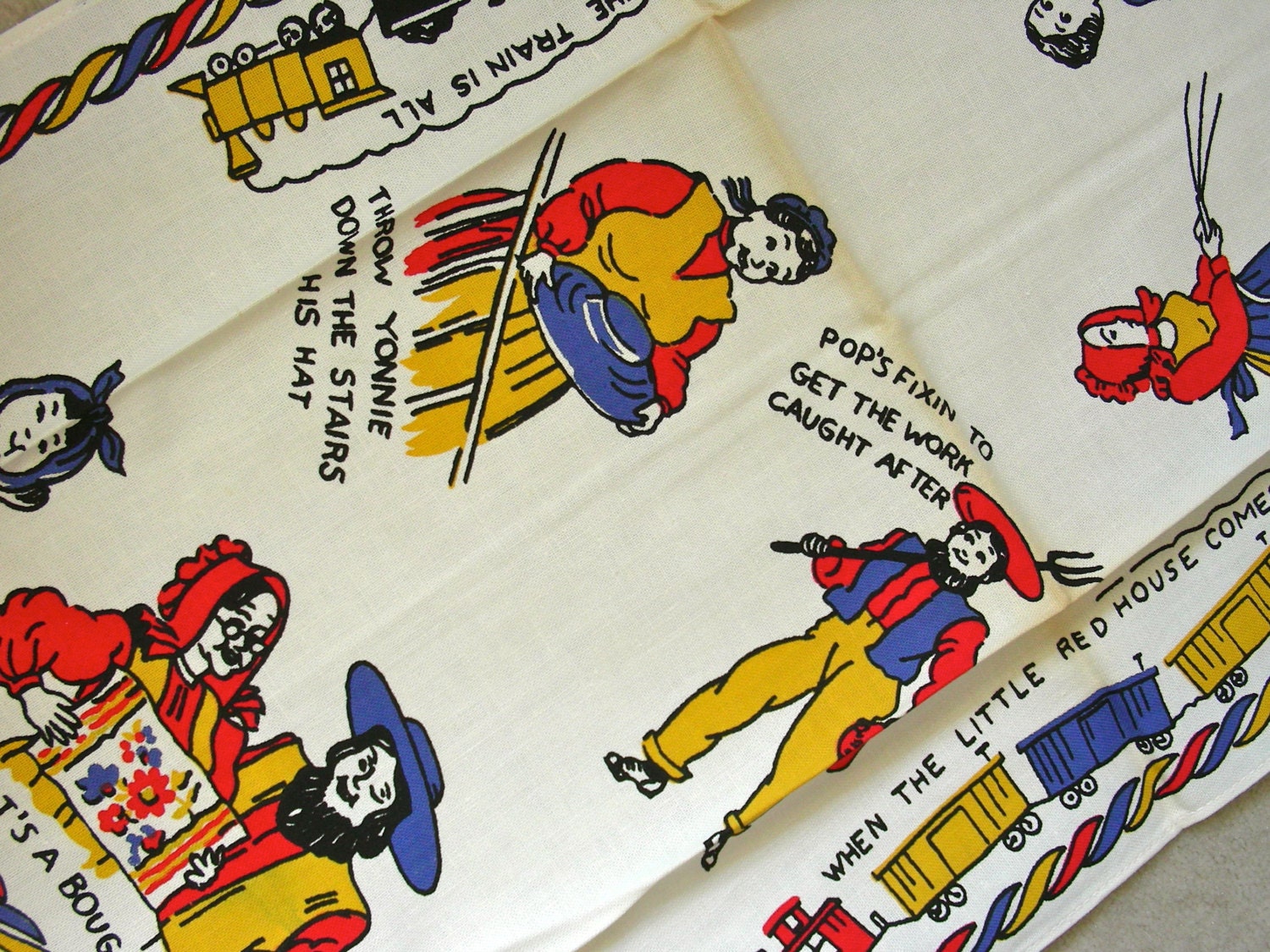 ADORABLE Vintage 50's Novelty Cotton Printed Kitchen Towel with Label by PENN DUTCH Textiles - size 16 x 28