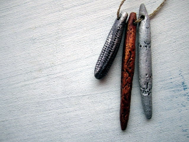 3 Rustic Metallic Worn Effect Tribal Pod Long Beads Handmade and Painted Beads No.55 - RaggedRobyn