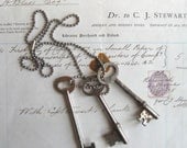 3 vintage keys, antique keys, skeleton keys, skelton keys, skeleton key necklace, old skeleton keys, old keys, steampunk keys, group Y