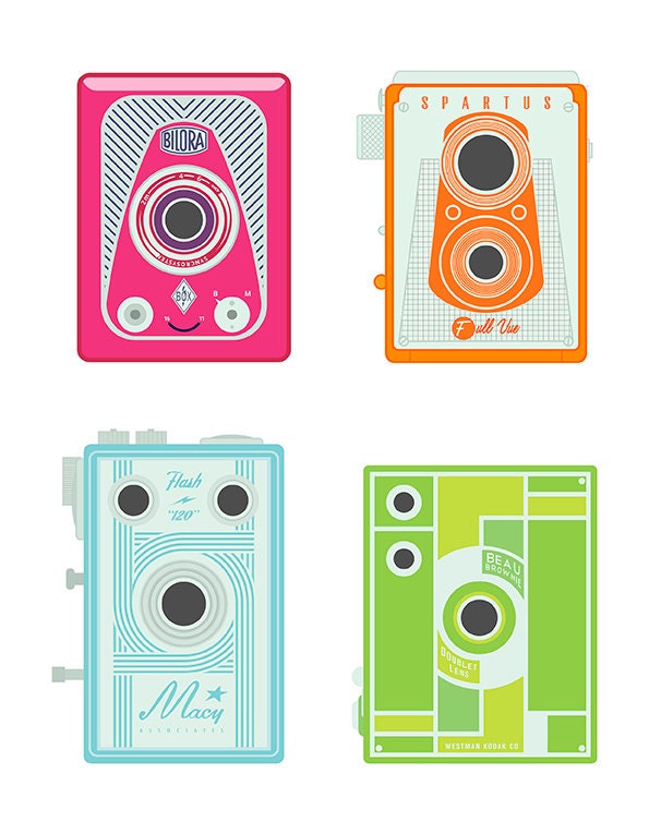 Colorful Vintage Cameras -  giclee print - fine art paper A4