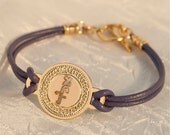 Kabbalah jewelry -ELD protection -gold coin on Berry Purple leather - Micro Macrame - Judaica - gold bracelet- leat