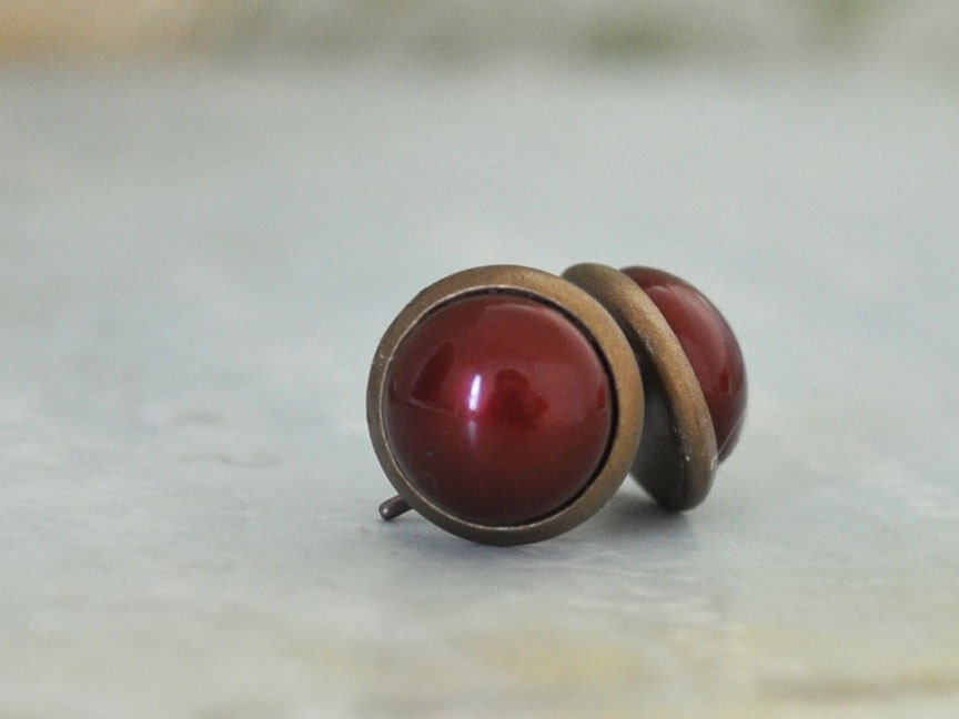 MAROON Swarovski glass pearl earrings antiqued brass stud earrings with steel posts