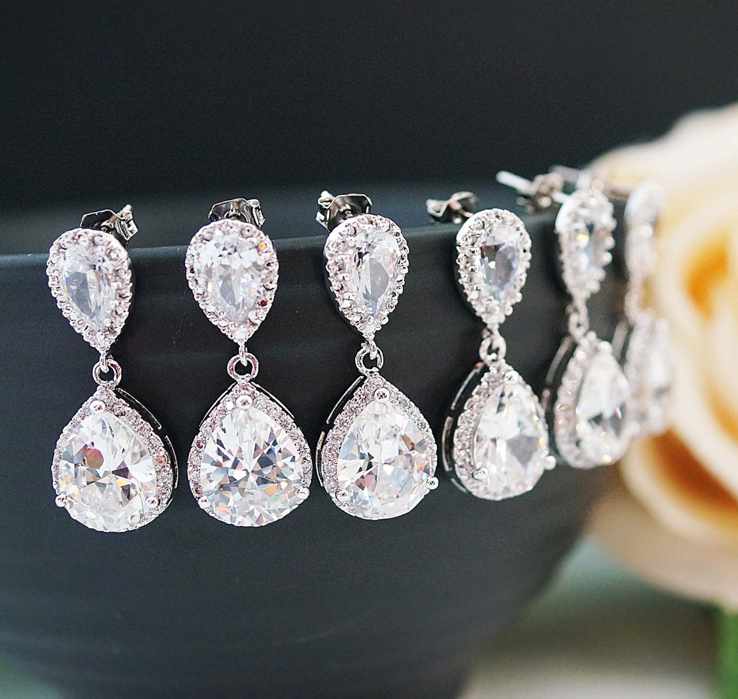 10% OFF SET OF 5 Wedding Jewelry Bridesmaid Jewelry Bridesmaid Earrings Lux Cubic Zirconia Tear drop Earrings