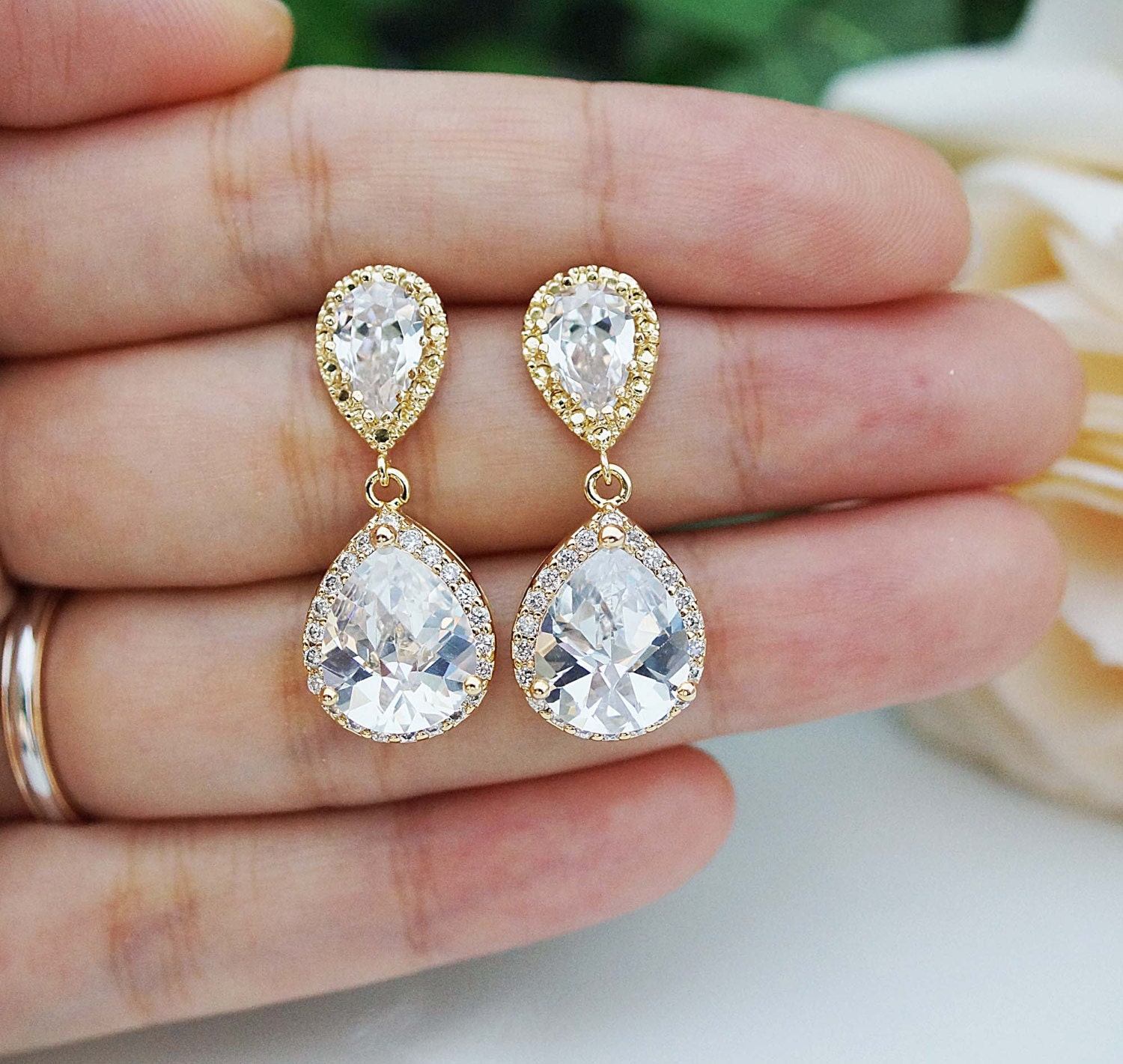 Wedding Jewelry Bridal Jewelry Bridal Earrings Clear White LUX Cubic Zirconia Tear drops Earrings