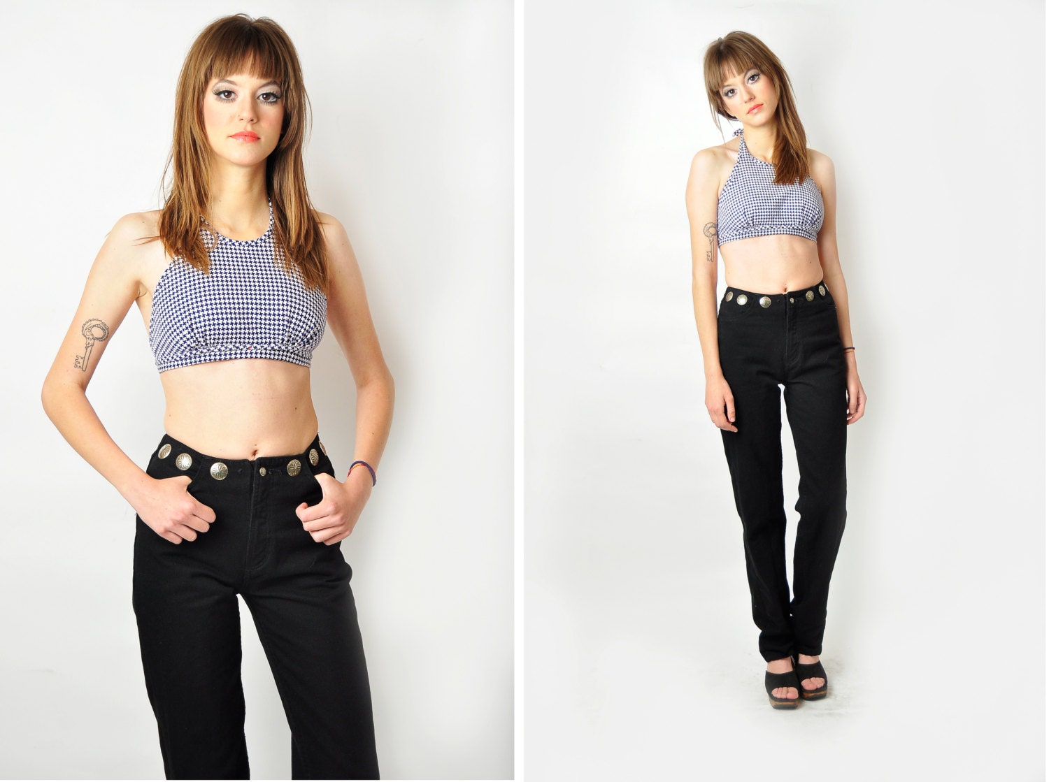 Vintage Bad Ass Rocker Denim Pant with Metal/ high waist studs Purrrfect black Denim