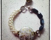 ON SALE - Gold, Silver and Grey Beaded Asymmetrical Bracelet with Crystals