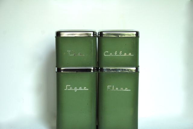 Great Set of Vintage Green Metal Stacking Kitchen Canisters