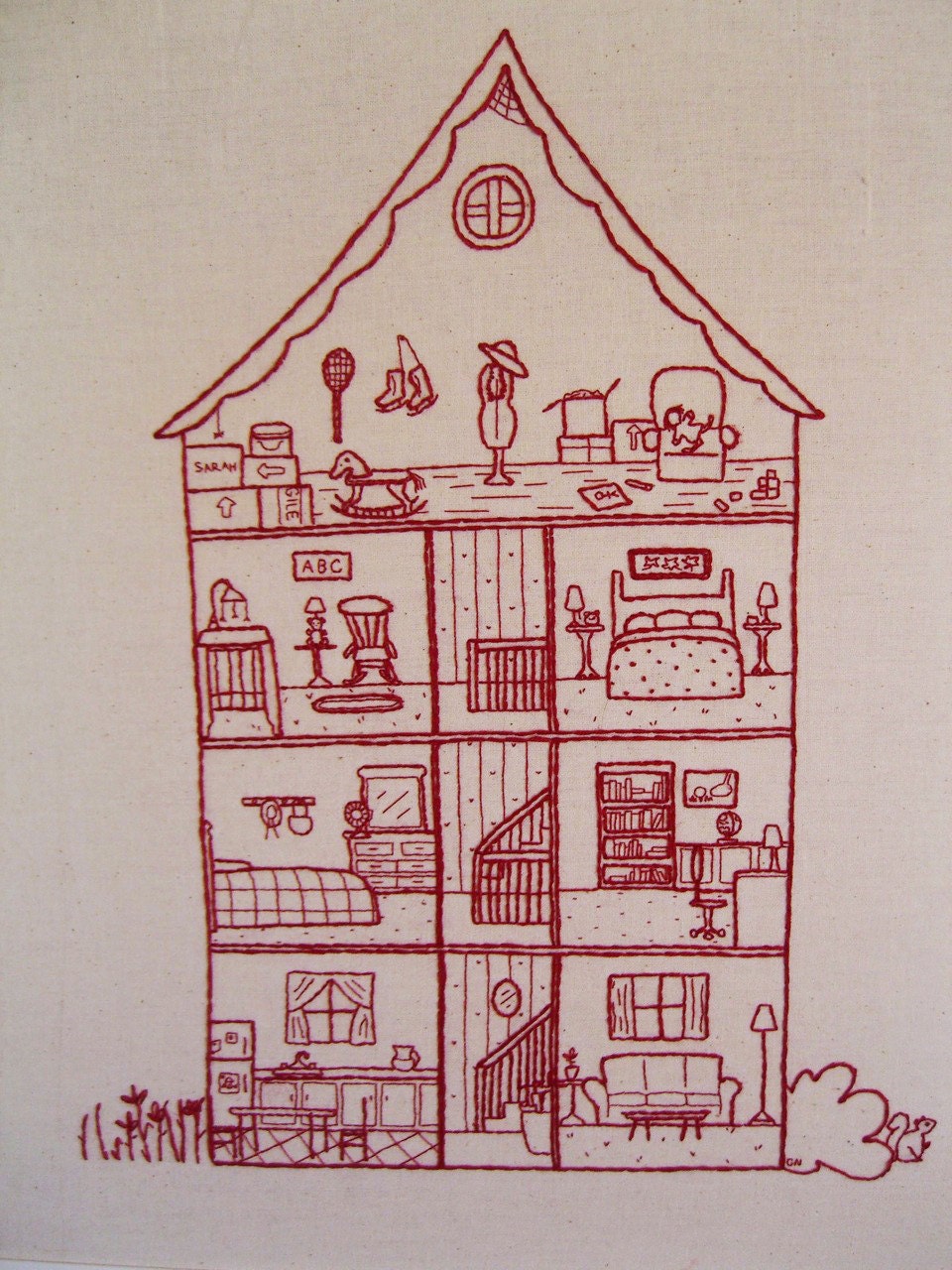 1109 Poplar, Interactive, house cross section embroidery pattern, dollhouse, needlework