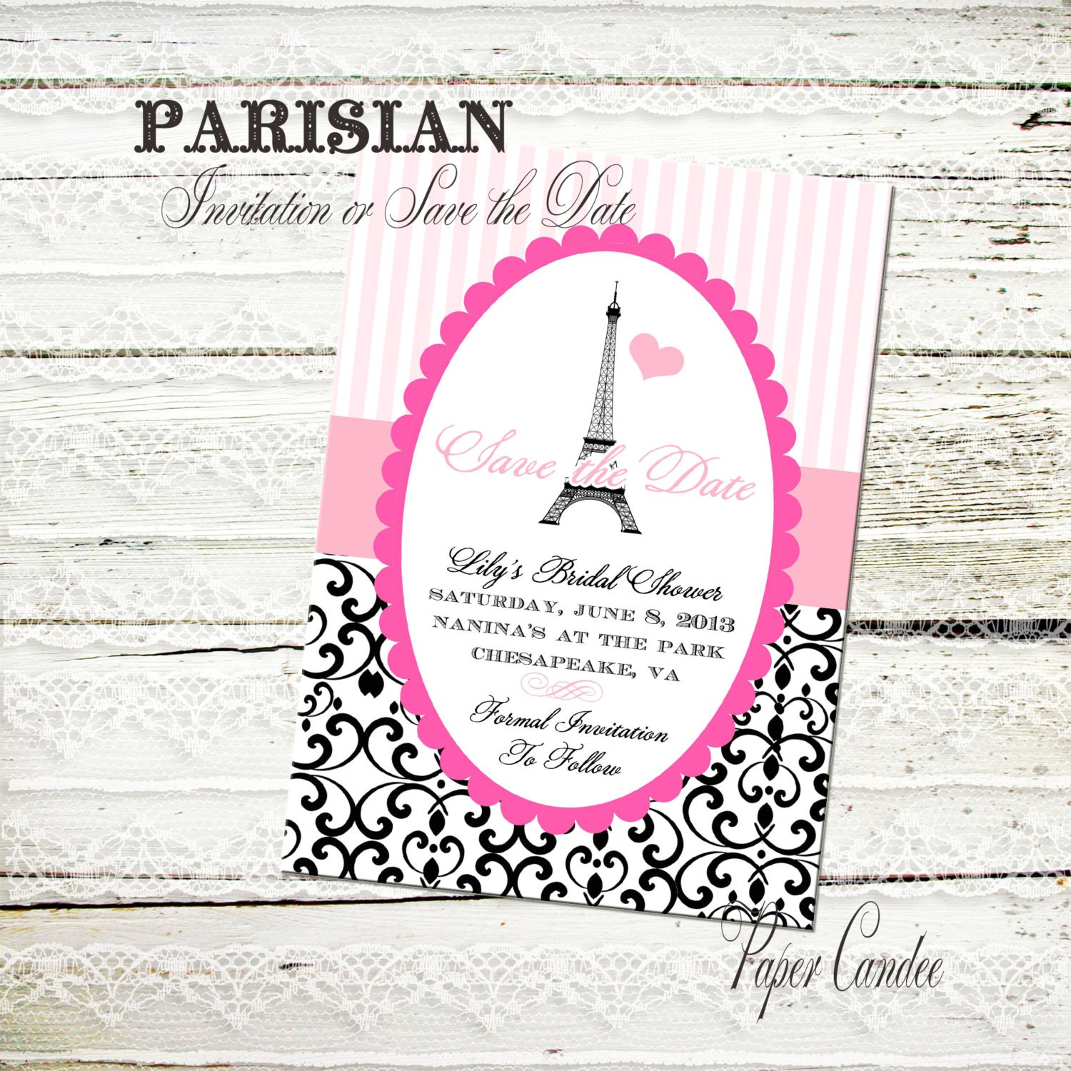 Paris Theme Save the Date or Invitation for Bridal Shower, Baby Shower, or Birthday