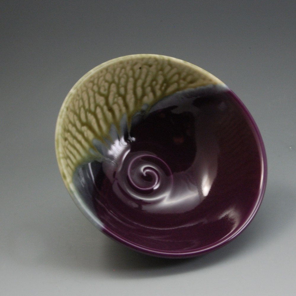 Bowl Handmade Porcelain Pottery Eggplant Purple and Fern Green by Mark Hudak