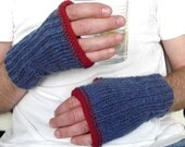 Robert Mens Gloves Fingerless Mitts Hand Knit Denim Blue Wool