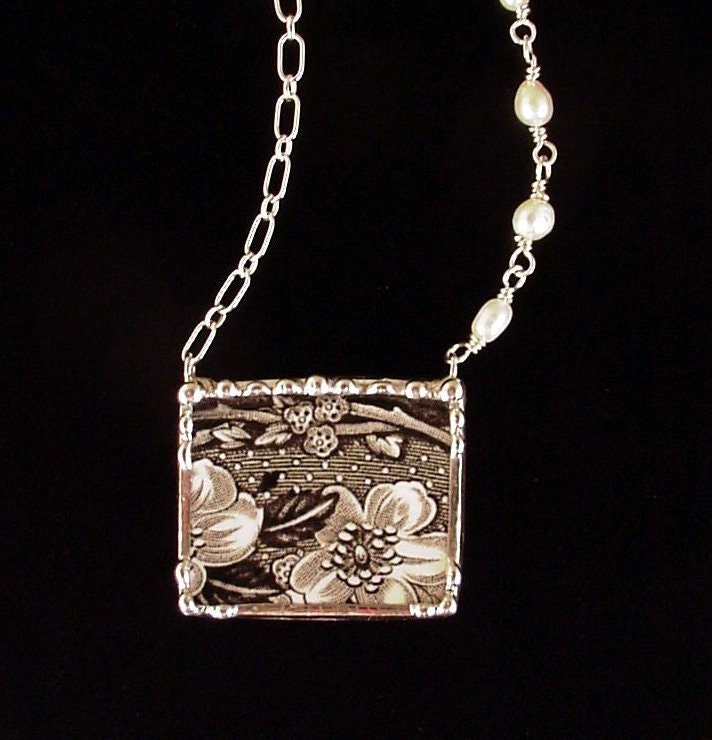 Broken china jewelry necklace black white toile English transferware sterling silver chain pearls