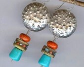 Textured Sterling Silver Earrings, American Turquoise & Red Coral Dangle Earrings, Artisan Metalwork Jewelry, Southwestern Tribal