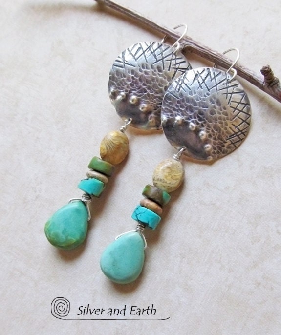 Turquoise Silver Earrings, Sterling Earrings - Turquoise & Fossil Coral, Ethnic Tribal Boho Jewelry, Earthy Organic Handmade Jewelry