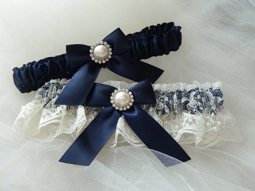 Wedding Garter Set Navy Blue With Ivory Chantilly Lace And Rhinestone Embellishment