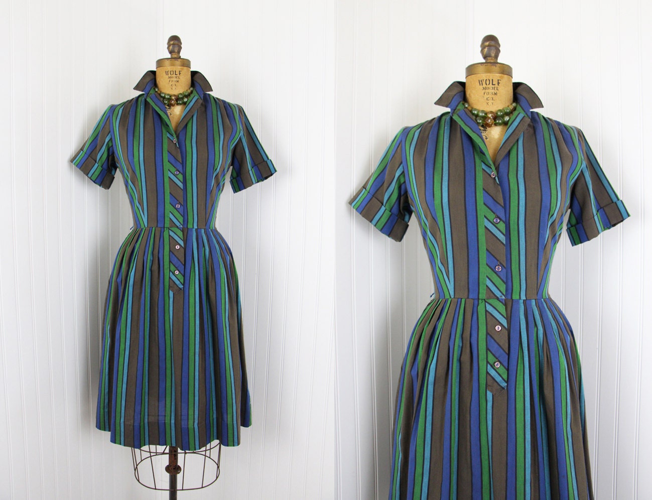1950s Dress - Vintage 50s Day Dress - Blue Chocolate Brown Striped Full Skirt Cotton L - Rue
