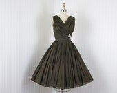1950s Dress - Vintage 50s Dress - Dark Chocolate Chiffon Draped Rhinestones Cocktail Party XS S - Cacao