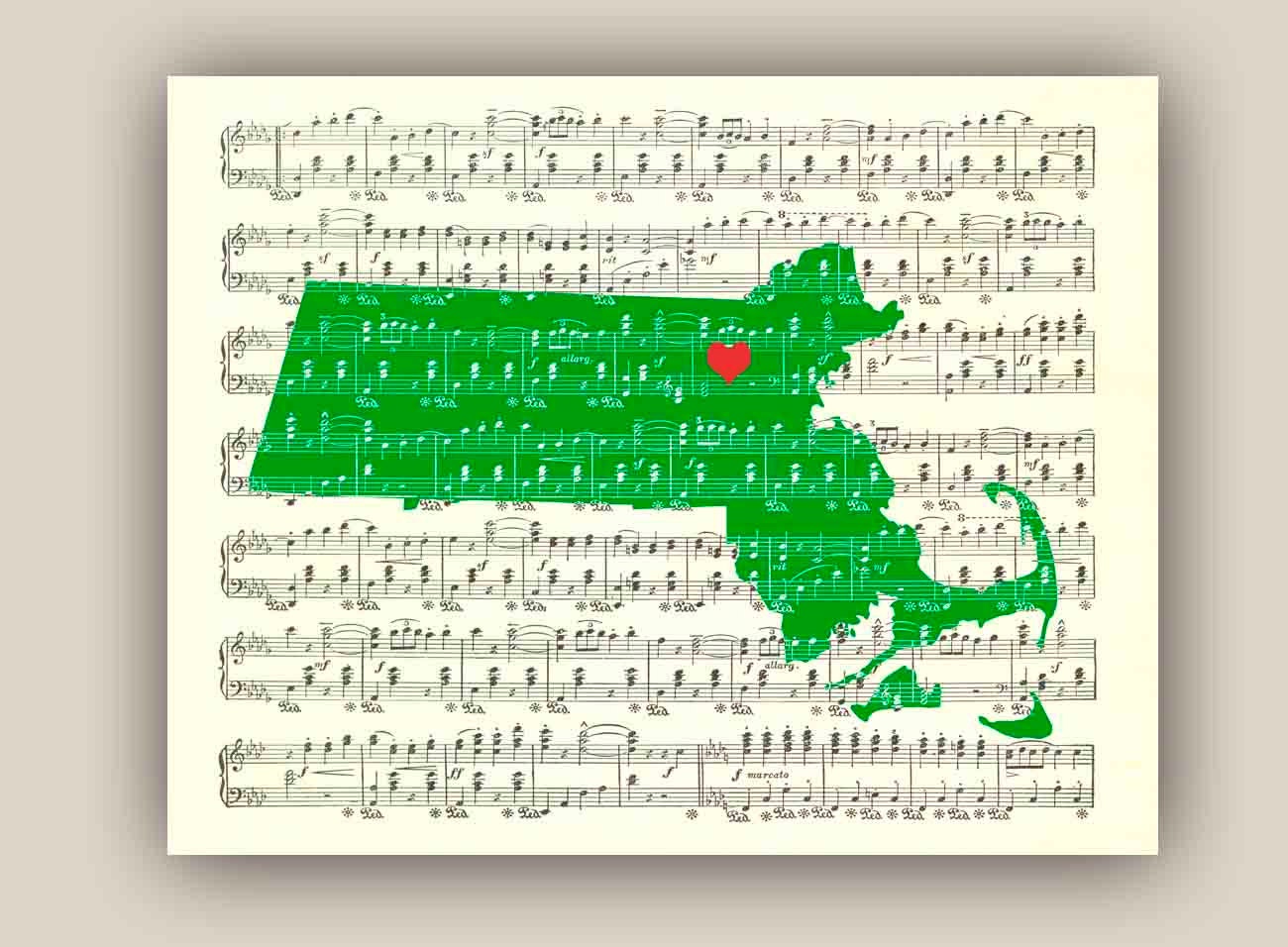 Massachusetts State Map Art Print, on old sheet music 11x14 Print, customizable hearted city, map silhouette wall art, home decor