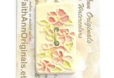 WILD ROSE handmade ceramic OOAK 2 holed button highly textured white clay pink posey collectable original design by Faith Ann Originals s10