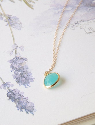 gold framed glass pendant Aqua stone necklace mint stone necklace - minimalist fewelry 14k gold filled chain