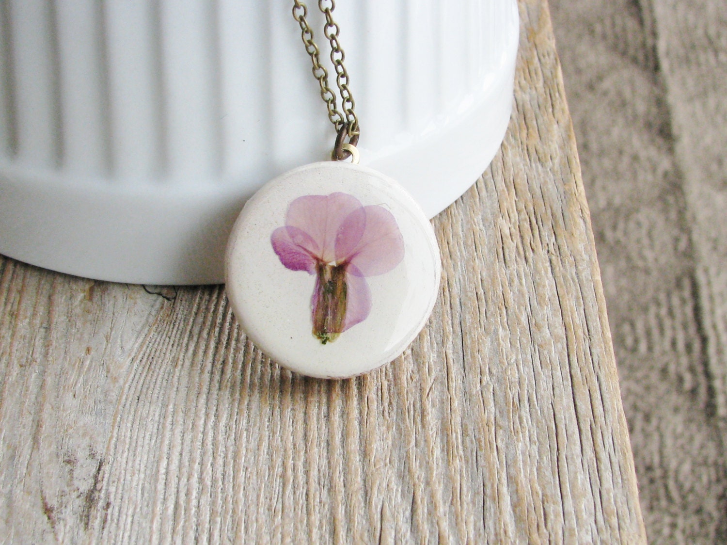 Pressed Flower Necklace Purple Dames Rocket Wood Resin Pendant Unique Jewelry Naturalist Gift Bridal Jewelry