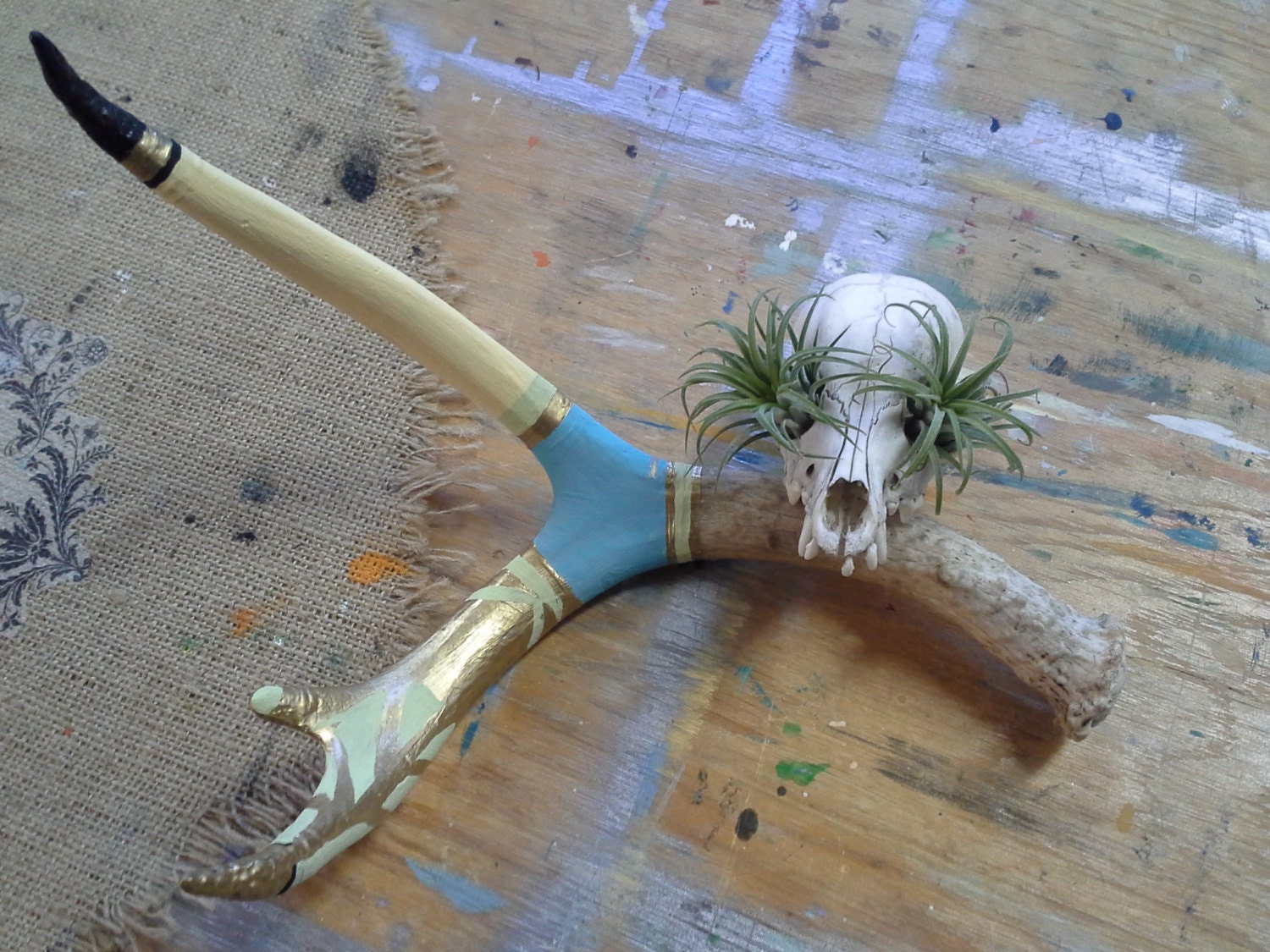 Deer Antler-Hand Painted Original Art on Found Antler from Family Land-Pale Yellow, Sea Green, Turquoise and Liquid Gold