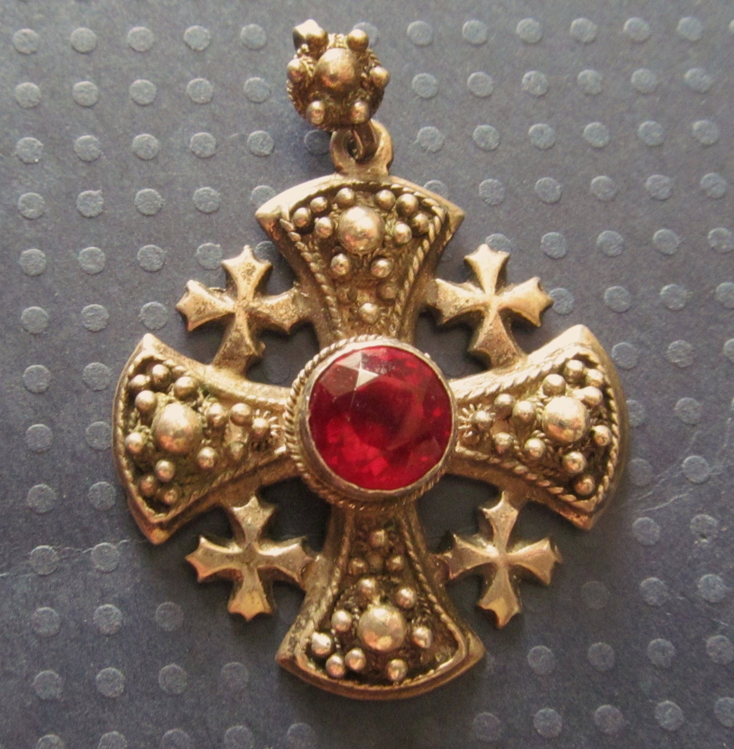 Antique Jerusalem Cross 950 Silver With Red Stone Religious Pendant
