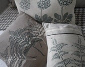 Hand printed stone and deep green fern cushion cover