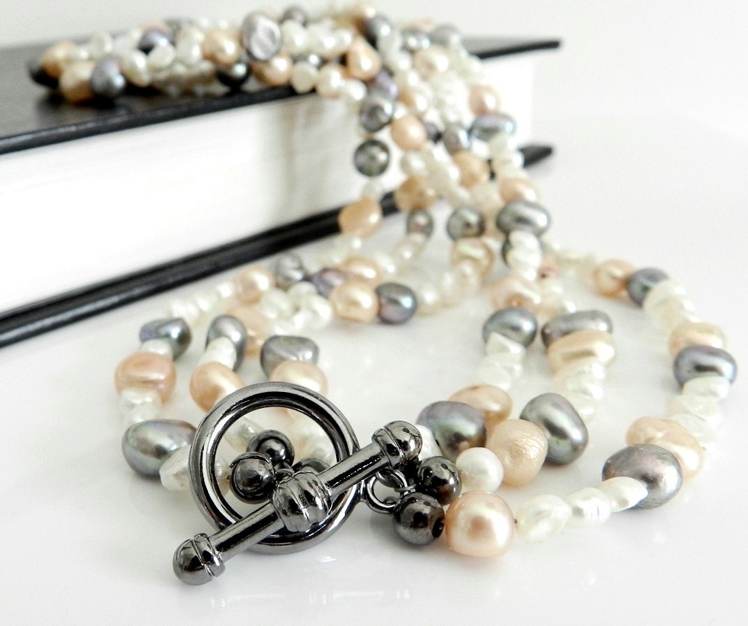 Multi Strand Pearl Necklace - Blush Gray Triple Strand Pearl Bridesmaid Jewelry