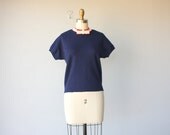 1960s sweater / 60s knit top / navy blue sweater / short sleeved sweater / nautical inspired swaeter - size small , medium