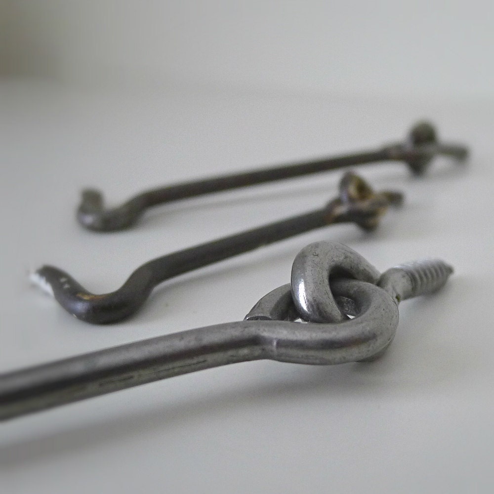 Vintage Hook and Eye Wall Hooks, Set of 3 - hanging hook, rustic, industrial, hardware, decor, decorate, metallic, for him, screw hook