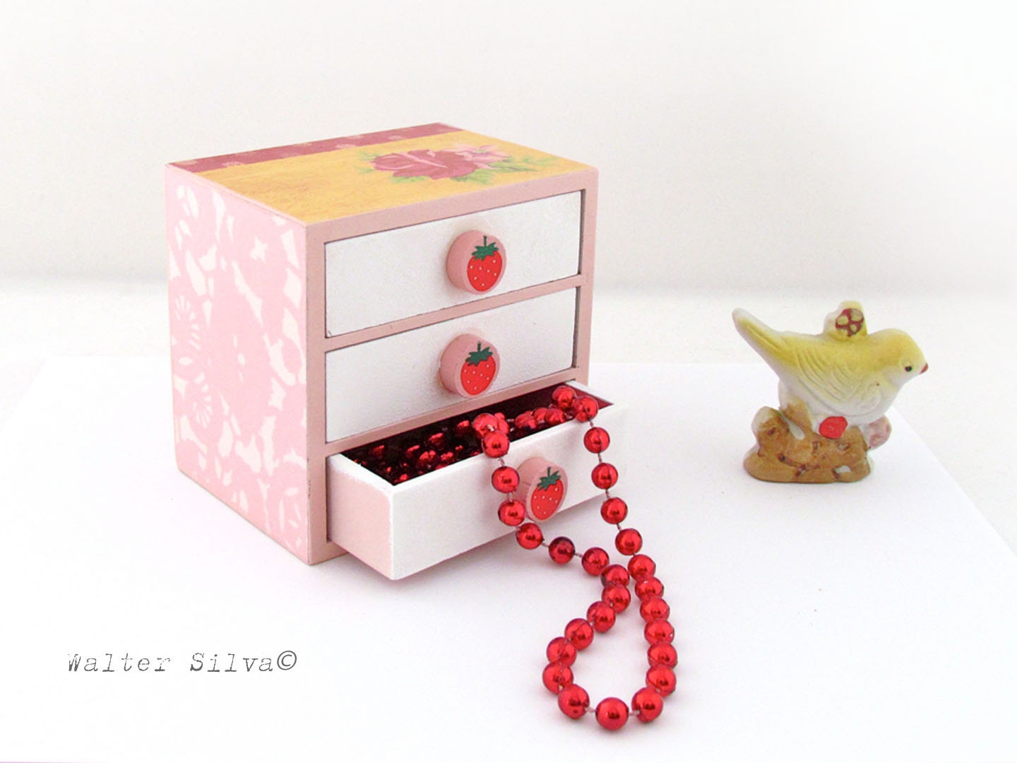 Shabby Chic Mini Chest of Drawers with strawberry knobs - Romantic Decoupaged Mini Jewelry Box Organizer - Assorted Girly Rose paper