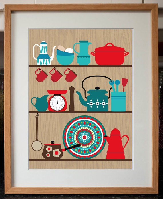 Retro kitchen shelves art print