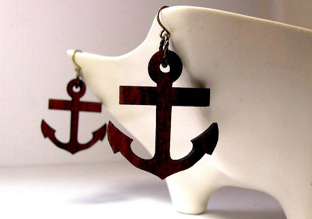 Ahoy Sailor - Nautical Anchor Earrings, Rustic Wood Dangles, Boating Sailing Summer Beach Jewelry
