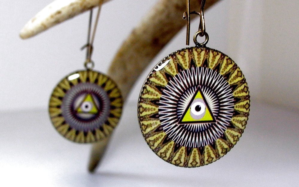 Masonic Earrings, Tribal Ethnic, Illuminati Jewelry, All Seeing Eye, Eye in the Pyramid, Secret Society, Masons, Odd Fellows