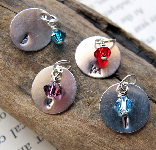 Initial Birthstone Charm - Personalized Necklace Tag - Sterling Silver Hand Stamped Pendant - mothers day